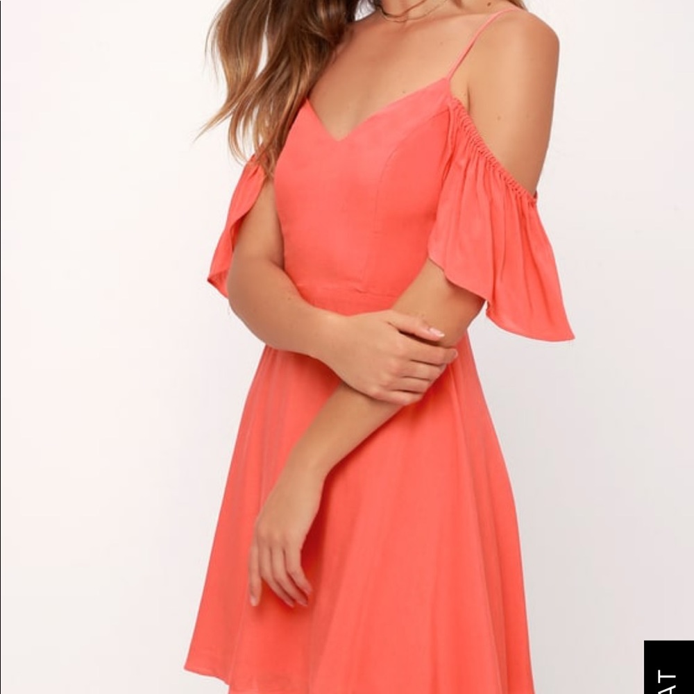 Lulus coral off the shoulder dress, size large